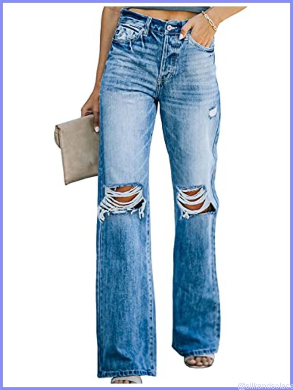 High Waisted Ripped Wide Leg Jeans Distressed Boyfriend Denim Pants